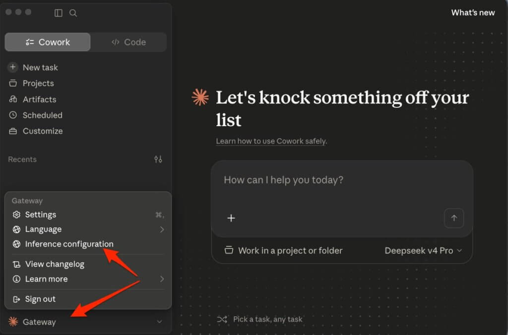 A screenshot showing arrows pointing to the Gateway button in the bottom of the left navigation, and the Inference configuration link.