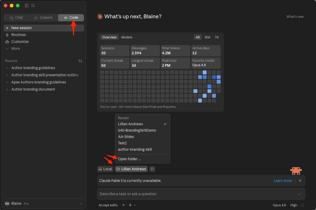A screenshot of Claude Desktop, with arrows pointing to the "Code" button in the top left navigation, and then where you choose your working folder near the chat box at the bottom of the screen.