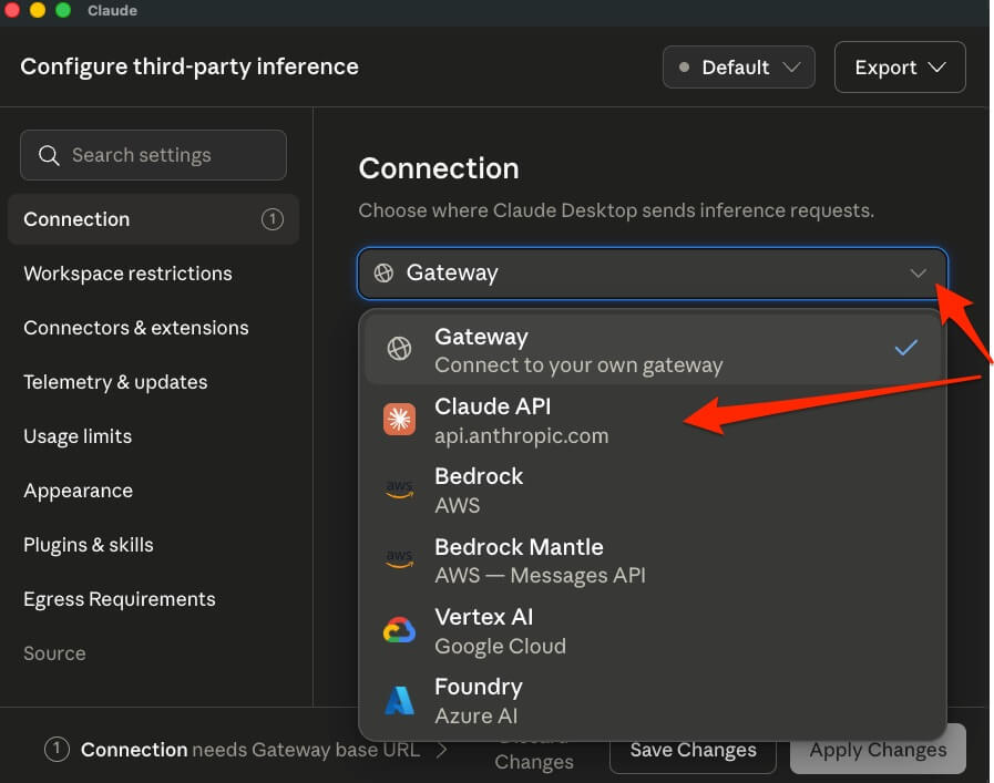 A screenshot of the inference settings, with arrows pointing to the Gateway dropdown and the Claude API option.