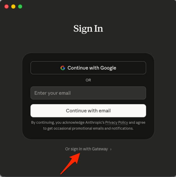 The Claude Desktop signin screen, with an arrow pointing at the gateway signin link.