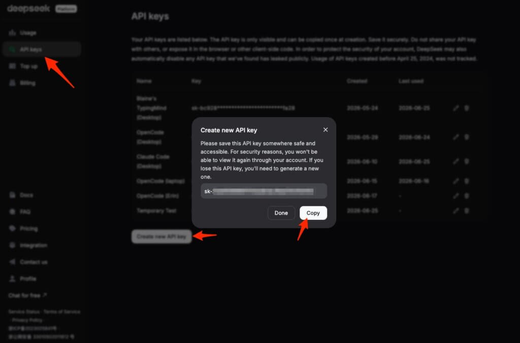 A screenshot with a blurred background and a new API key being generated in the foreground. Arrows point to the "API Keys" navigation link, the "Create new API key" button, and a "Copy" button on the screen with the new API.