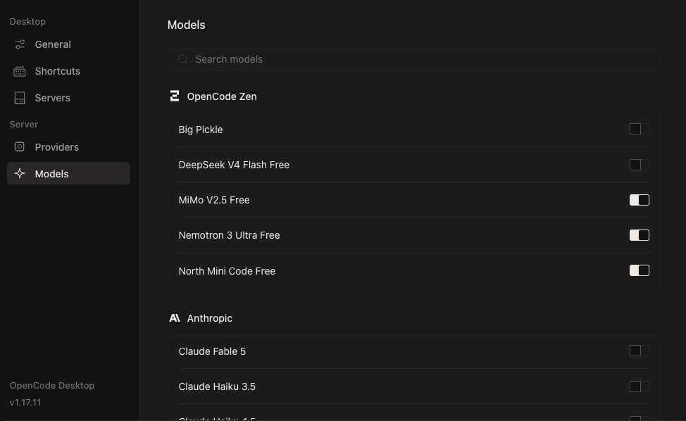 A screenshot of the OpenCode Desktop "Models" screen inside of the settings.