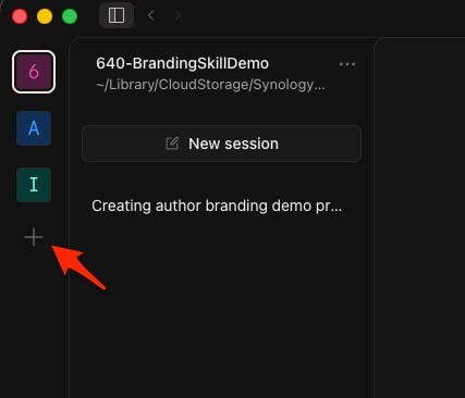A screenshot of the projects in OpenCode Desktop with an arrow pointing to the plus sign below the list of projects where you can create a new one.