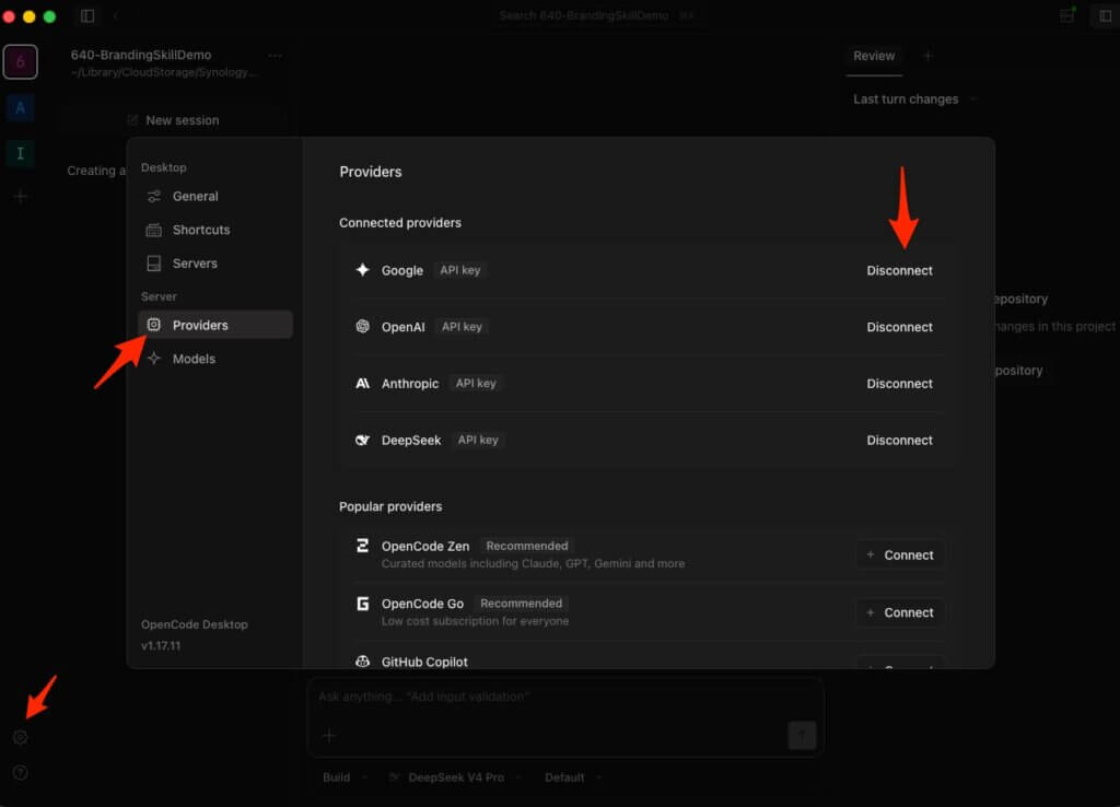 A screenshot of OpenCode Desktop with arrows pointing to the settings icon, the Providers option, and the column of connect and disconnect buttons for all of the providers.