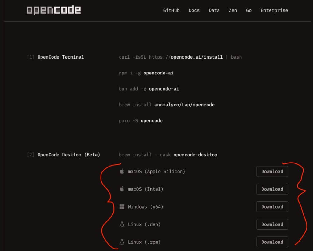 A screenshot of the OpenCode download page, pointing at where you can find the installers for Desktop for each operating system they support.