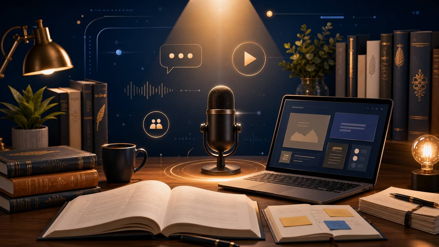 A busy desk with a microphone, a notebook, and a number of books. It is well lit.