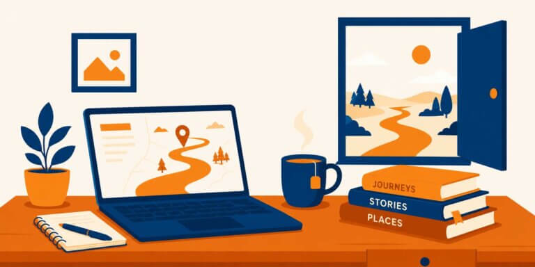 An illustration of an open laptop on a desk next to a stack of books with a window in the background.