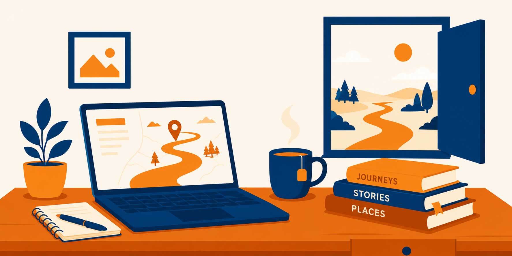 An illustration of an open laptop on a desk next to a stack of books with a window in the background.