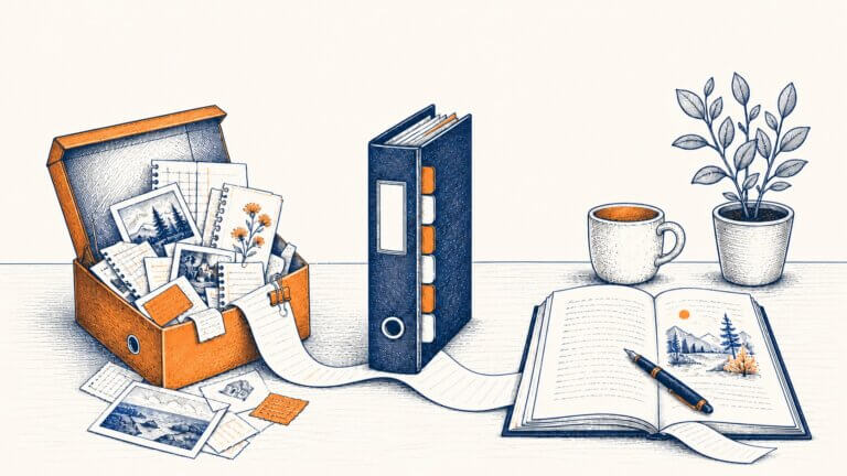 An illustration of an authors desk with a shoebox full of index cards, a binder, and a notebook.