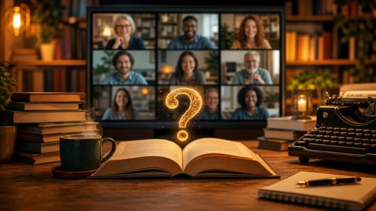 A book with a glowing question mark sitting atop it on a desk in front of a video chat room on a computer monitor.