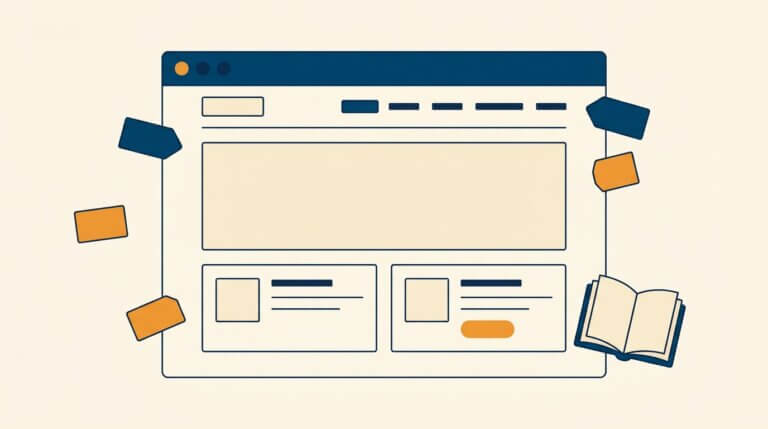 A flat vector illustration of a browser window displaying a simple website wireframe with callouts at various elements.