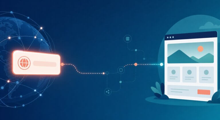 A glowing custom domain badge on the left, linked by flowing dotted connection lines and subtle DNS network nodes to a simple static website browser window or minimalist webpage layout on the right. The background features a soft globe or abstract network mesh in muted tech colors.