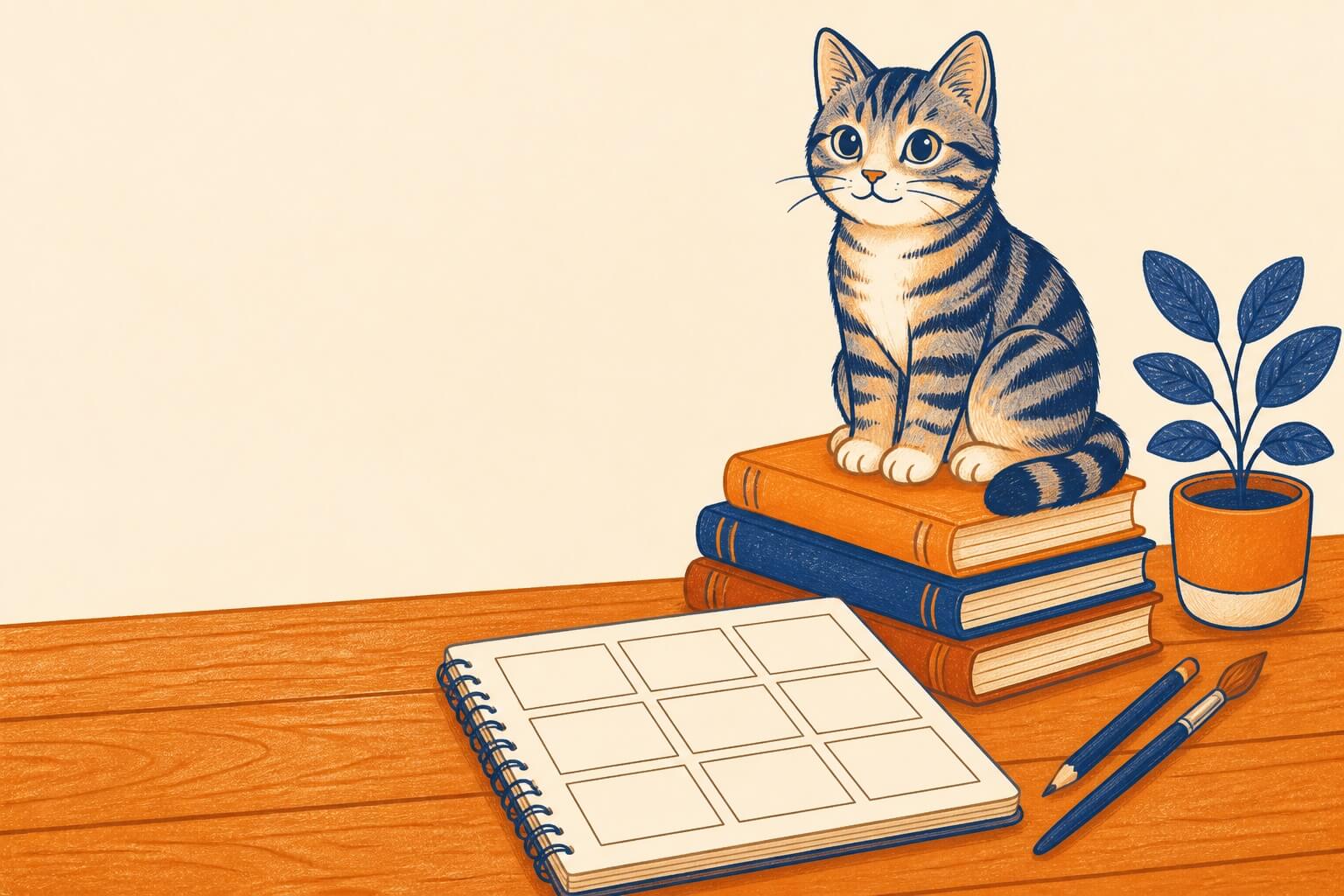 An illustration of a kitten sitting on a pile of books with a storyboarding notebook open in front of it.