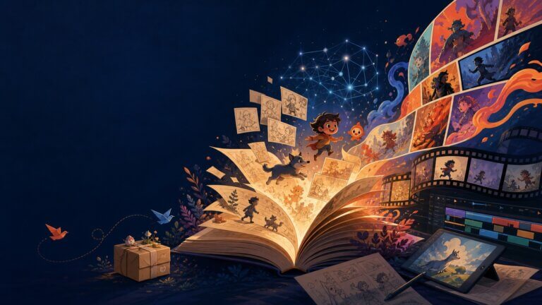 A warm editorial collage on a deep midnight-blue background. On the right and lower center, there's an open book transforming into a lively visual ecosystem: glowing amber pages becoming small storyboard frames and animated picture-book characters, a subtle neural-network constellation and translucent watermark pattern, a film strip and editing timeline, and colorful graphic-novel panels flowing outward.