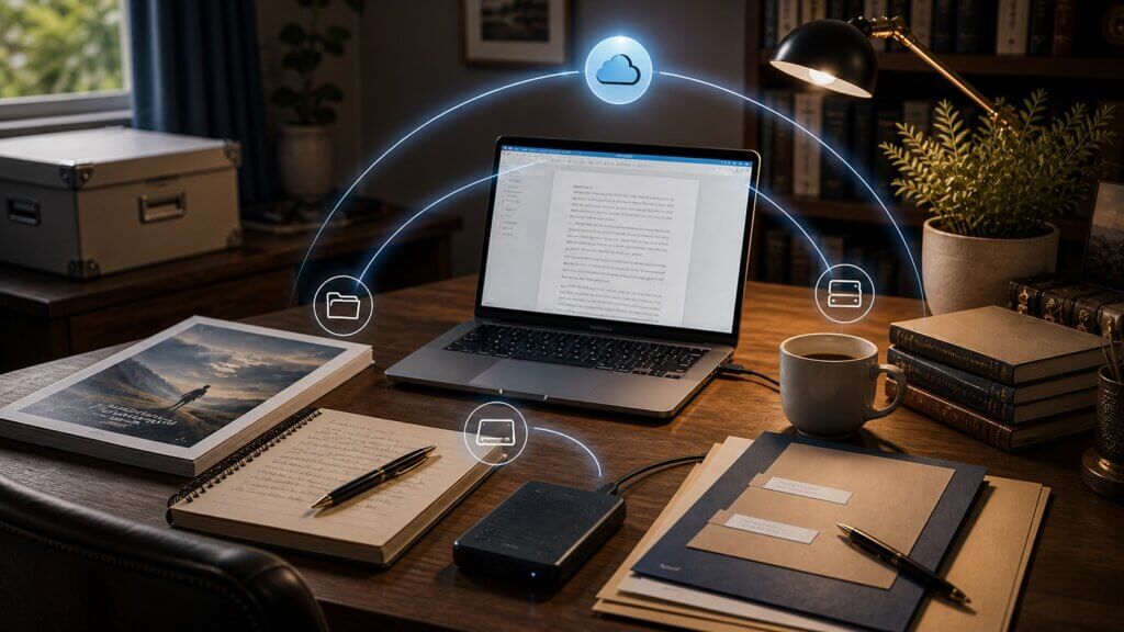 An organized writing desk with an open laptop showing a manuscript with a small external hard drive and various callouts for different backup locations floating in the air.