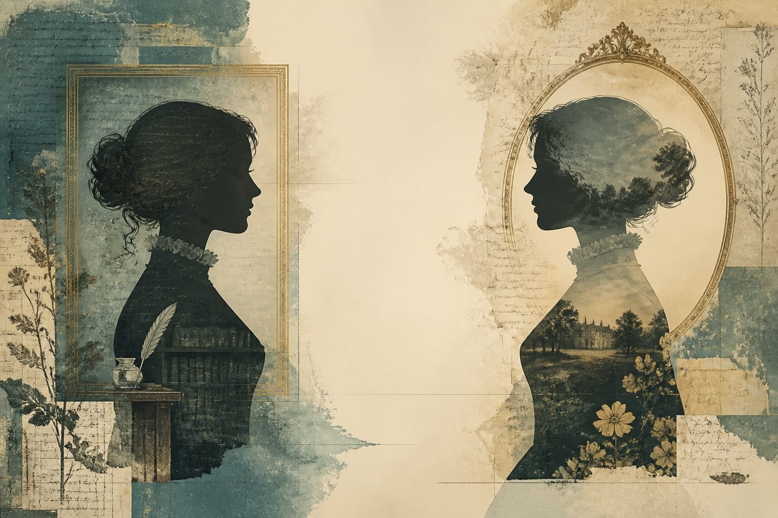 Two silhouettes of women, facing each other, looking aged as though from the cover of an antique book.