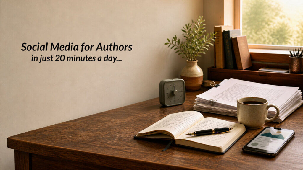 A desk with a timer, a notebook, and a phone. The text reads, "Social Media for Authors in 20 Minutes a day"