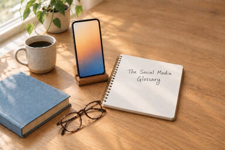 A desk with a mug of coffee, a book, and a cell phone next to a notepad that reads The Social Media Glossary
