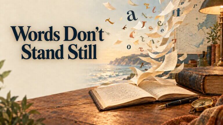 Words dont stand still: an image of a book on a desk with a nautical background, and pages and letters flying off of the page.