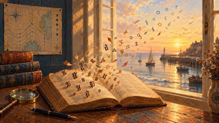 A dictionary on a desk with letters and symbols flying out the window in front of a cove.