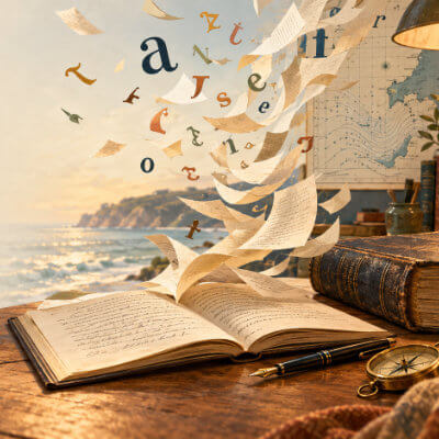 an image of a book on a desk with a nautical background, and pages and letters flying off of the page.