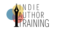 The logo for Indie Author Training, a stylized fountain pen on a bed of color circles next to the name.