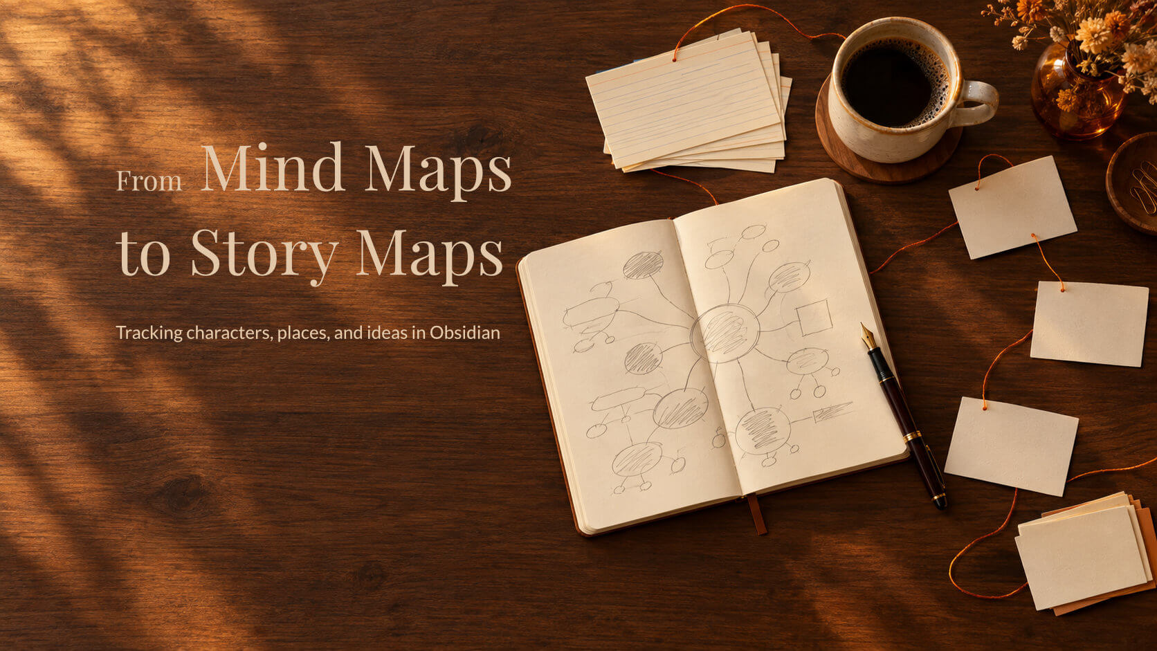A desk with an open notebook showing a mindmap drawn on it.