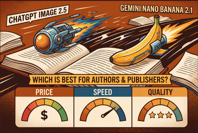 An illustration of a rocketship and a rocket banana racing across a track of books, asking whether ChatGPT Image 2.5 is better than Nano Banana 2.1 for authors and writers.