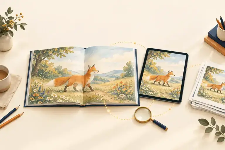 A desk with an open book with a two page spread of a fox illustration, next to a tablet with an ebook with the same fox.