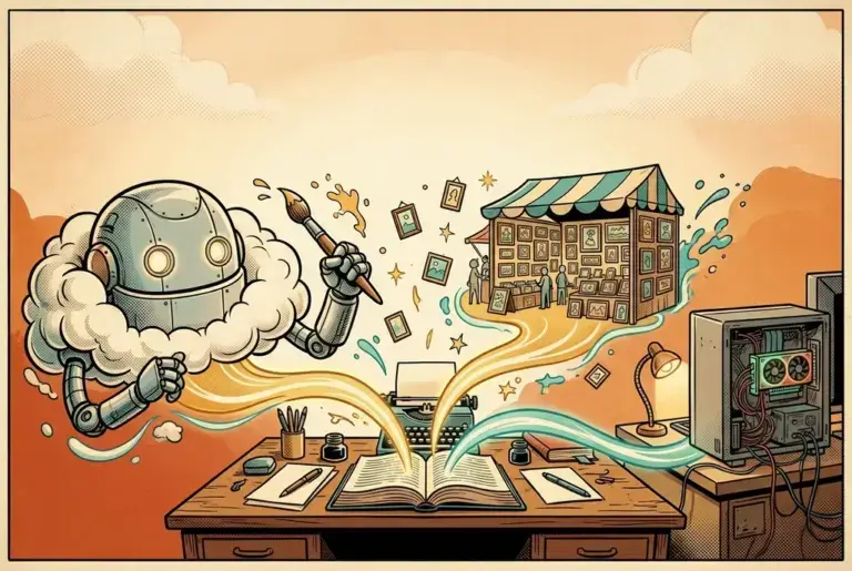 A retro pulp comic-book illustration with a writer's wooden desk seen from slightly above, with an open book and a typewriter in the center. Three glowing paths of light lead out from the open pages toward three different destinations: on the left, a big friendly cloud with a robot head holding a paintbrush; in the middle, a market stall with many small framed pictures lined up on shelves like a gallery wall; on the right, a sturdy desktop computer with a glowing graphics card, wires, and a small cozy lamp.