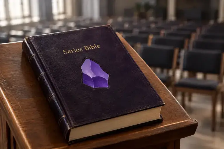 A leatherbound book titled "Series Bible" with the Obsidian logo embossed on the cover sits on a lectern in front of an empty room.