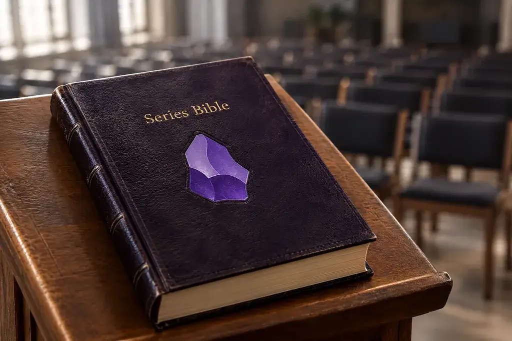 A leatherbound book titled "Series Bible" with the Obsidian logo embossed on the cover sits on a lectern in front of an empty room.